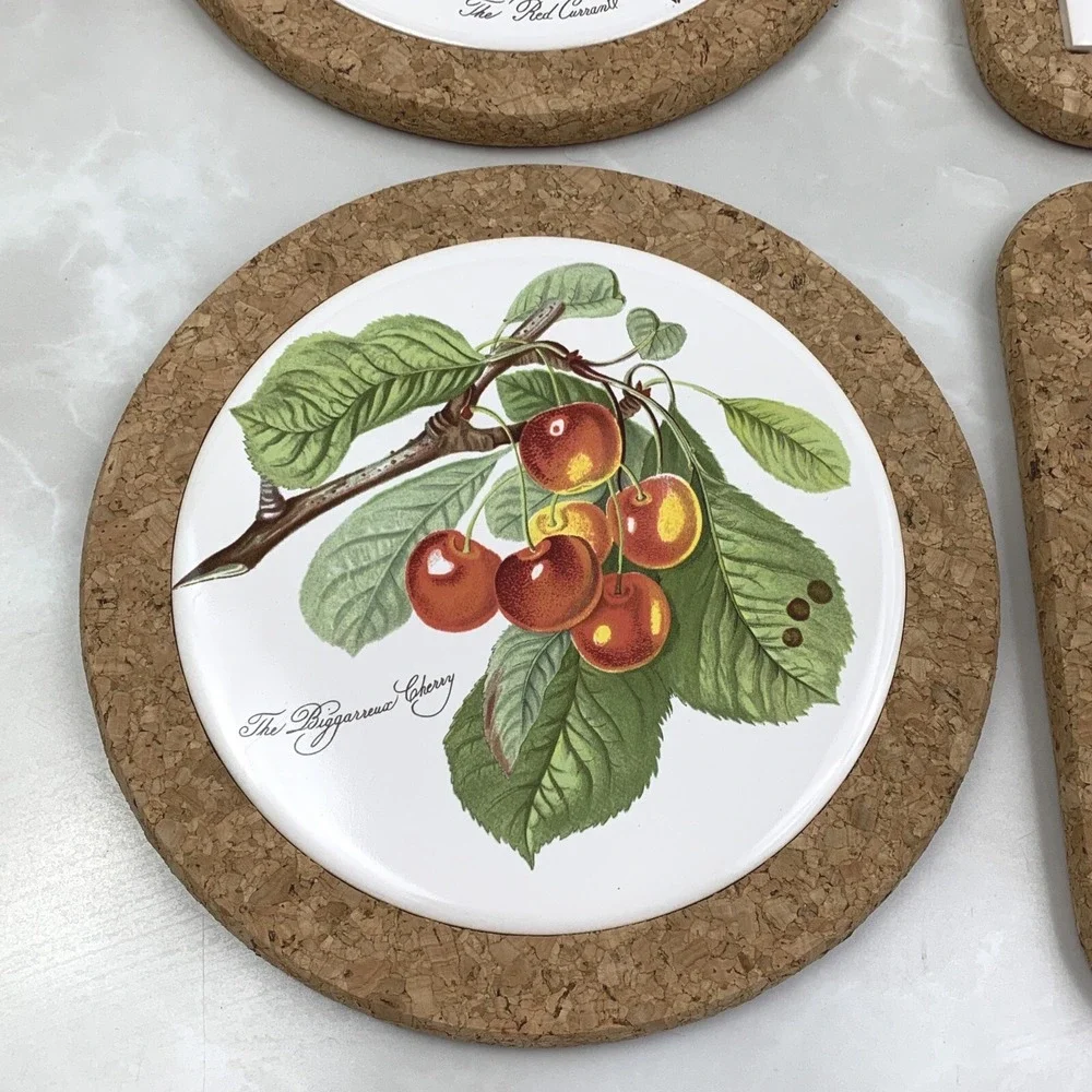 Vintage Botanical Ceramic Tile and Cork Coaster Set Fruit Illustrations 4pc